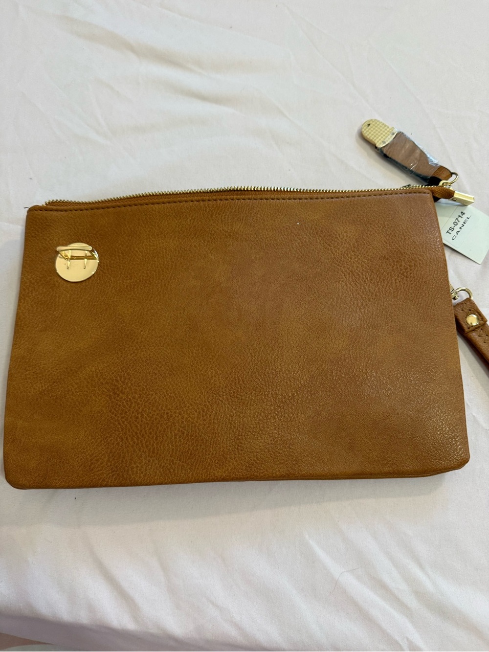 Classic Tan Leather Wristlet Clutch with Gold Accent